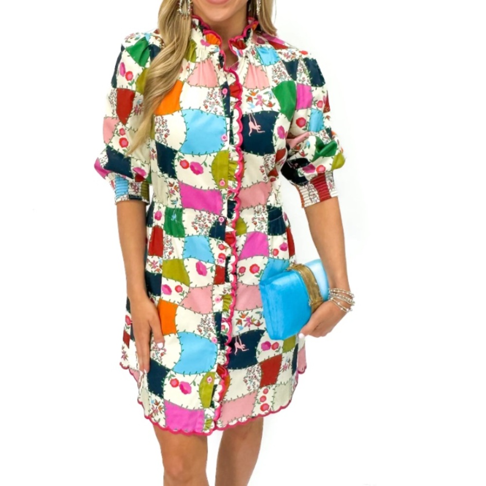 Alden Adair Multicolored Patchwork Floral Button Dress with scalloped embroidery